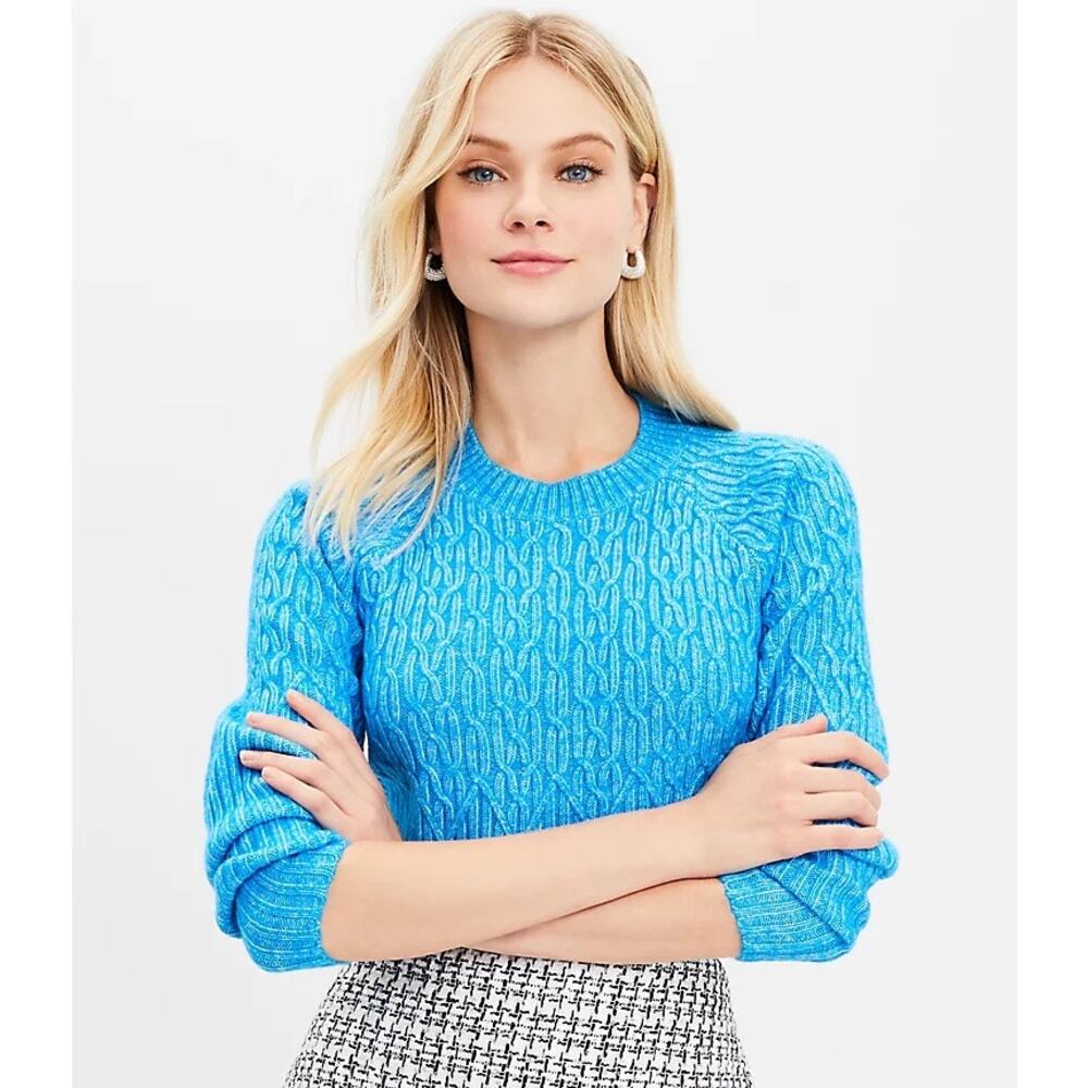 LOFT Bell Flower Blue Raglan Cable Sweater Size XS NWT